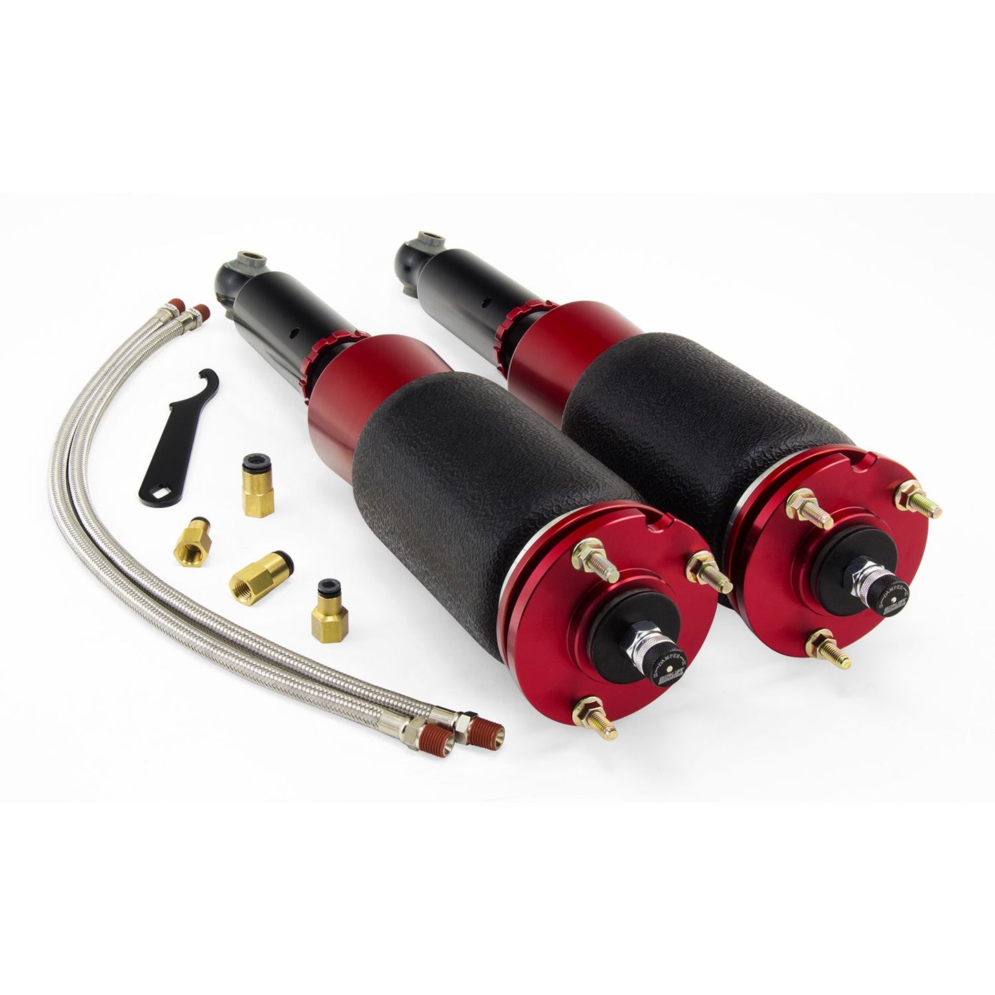 Progressive rate sleeve style air spring over 30-level adjustable monotube threaded body shock with independent height adjustment. Rubber isolated upper mount made of T6061 red anodized aluminum.