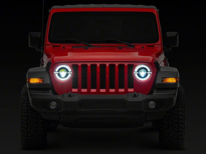 Raxiom 18-23 Jeep Wrangler JL Axial Series 9-In LED Angel Eye Headlights- Black Housing (Clear Lens)