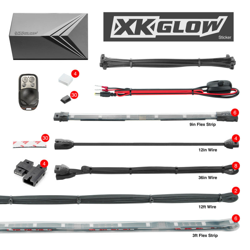 XK Glow Flex Strips 2 Million Color XKGLOW LED Accent Light Marine/Boat Kit 6x36In Strips + 6x 10In