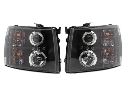 Raxiom 07-13 Chevrolet Silverado 1500 LED Halo Projector Headlights- Black Housing- Clear Lens