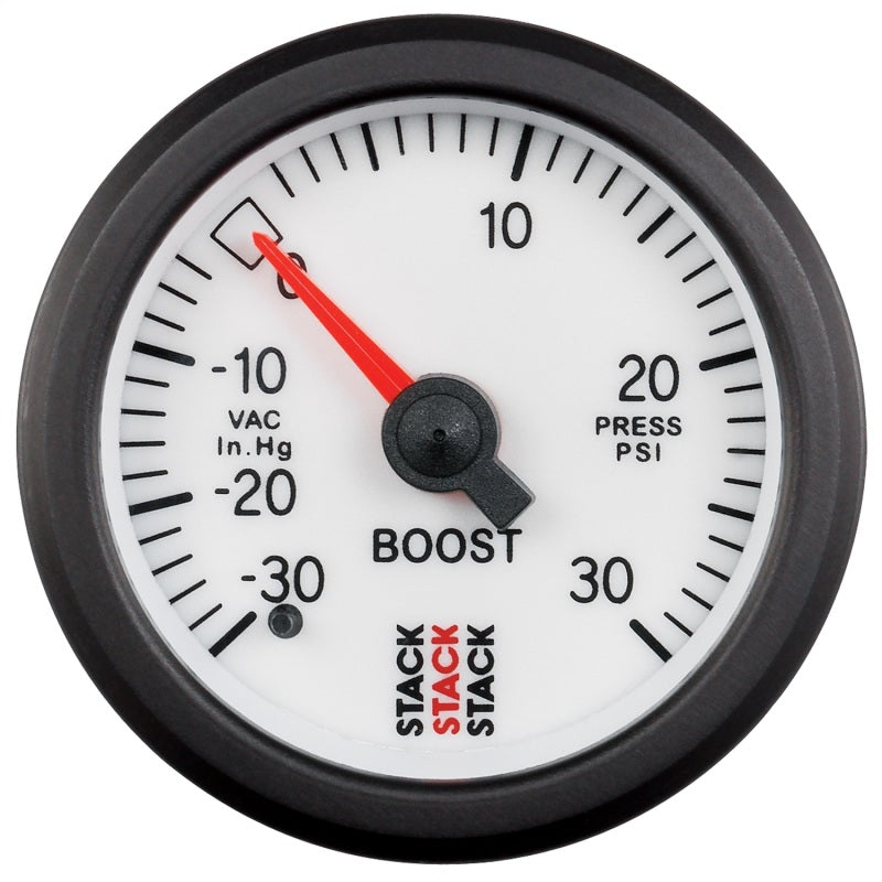 Autometer Stack 52mm -30INHG to +30 PSI (Incl T-Fitting) Mechanical Boost Pressure Gauge - White