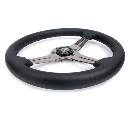NRG Light Weight Gaming Steering Wheel - 350mm 3 Black Chrome Silver Spokes Perforated Leather