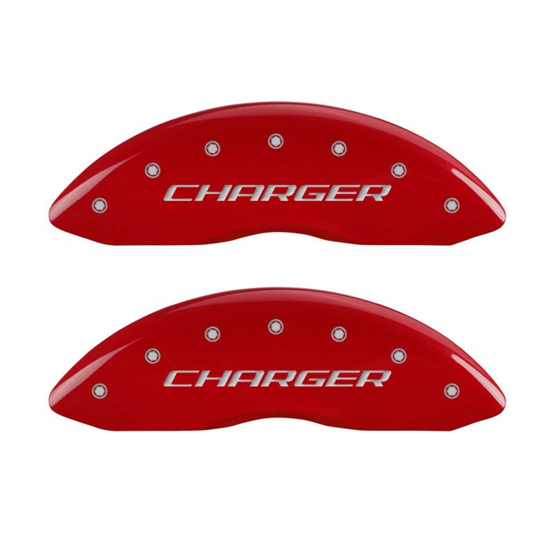 MGP 4 Caliper Covers Engraved Front Charger Engraved Rear RT Red finish silver ch