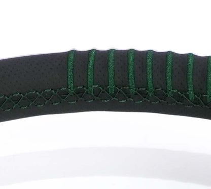 NRG Steering Wheel 1.5in Dish 350mm Black Perforated Leather - Emerald Stitching - Reinforced Spoke