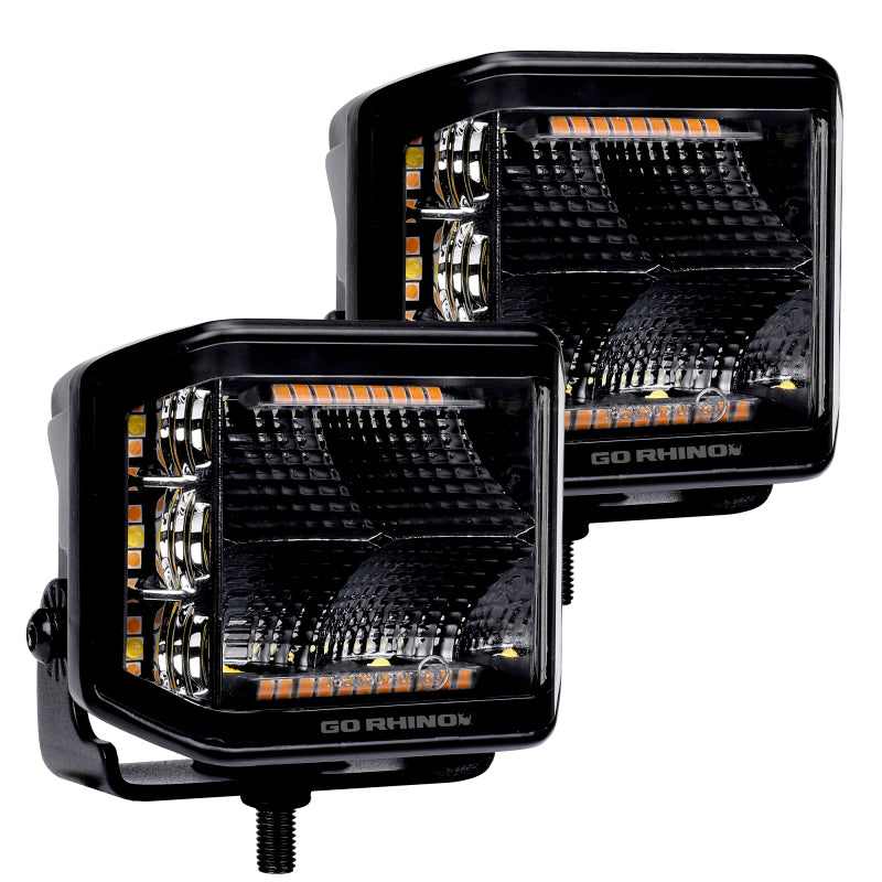 Go Rhino Xplor Blackout Combo Series Cube Sideline LED Flood Lights w/Amber 4x3 - Blk (Pair)