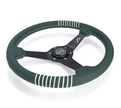 NRG Steering Wheel 1.5in Dish 350mm Black Perforated Leather - Emerald Stitching - Reinforced Spoke