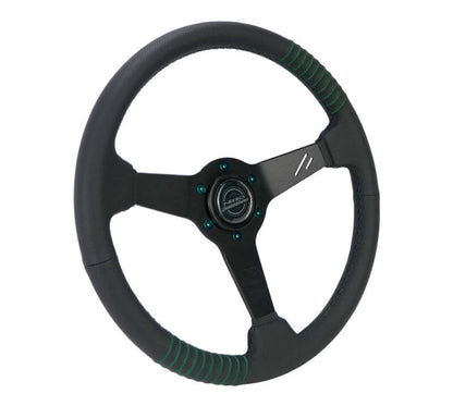 NRG Steering Wheel 1.5in Dish 350mm Black Perforated Leather - Emerald Stitching - Reinforced Spoke