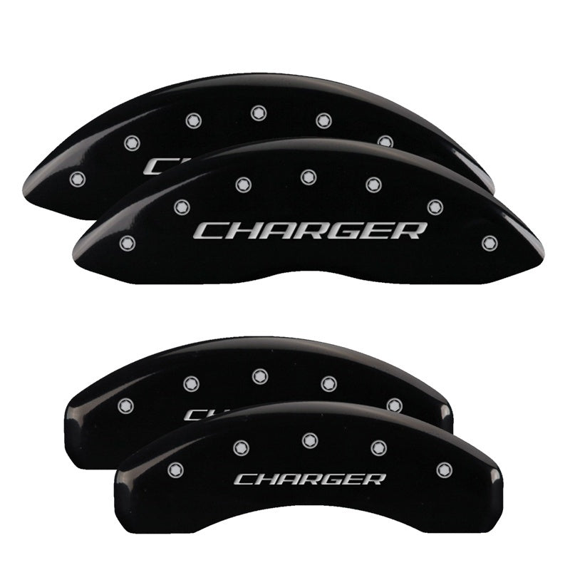MGP 4 Caliper Covers Engraved Front & Rear With stripes/Challenger Black finish silver ch