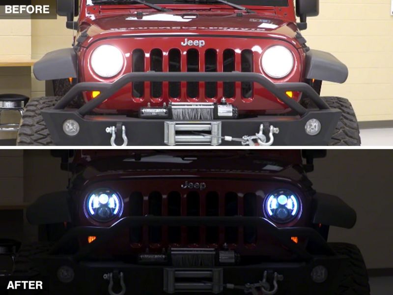 Raxiom 97-18 Jeep Wrangler TJ & JK 6-LED Headlights w/ Partial Halo- Black Housing (Clear Lens)