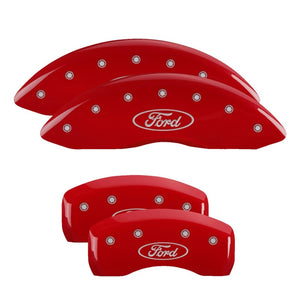 MGP 4 Caliper Covers Engraved Front & Rear Oval Logo/Ford Red Finish Silver Char 2018 Ford Fusion