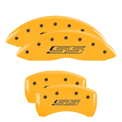 MGP 4 Caliper Covers Engraved Front & Rear Bowtie Yellow Finish Black Char 2015 Chevrolet SS