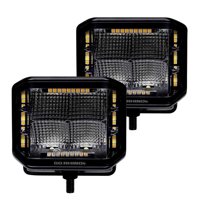 Go Rhino Xplor Blackout Combo Series Cube Sideline LED Flood Lights w/Amber 4x3 - Blk (Pair)