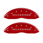 MGP Front set 2 Caliper Covers Engraved Front Silverado Red finish silver ch