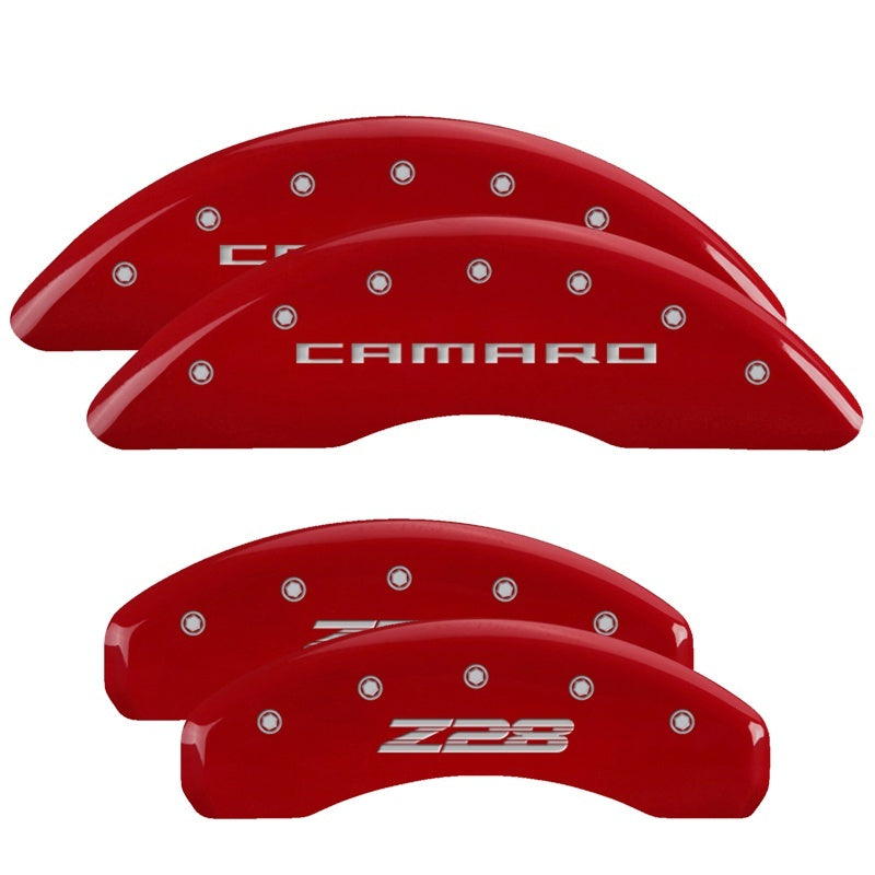 MGP 4 Caliper Covers Engraved Front Gen 5/Camaro Engraved Rear Gen 5/Z28 Red finish silver ch