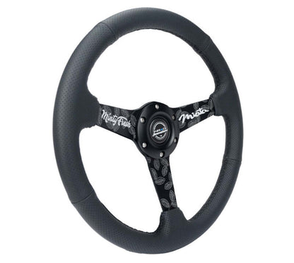 NRG Reinforced Black Perforated Leather Steering Wheel 350mm / 1.5in Deep w/ Goal Digger Blk Stitch