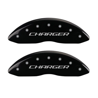 MGP 4 Caliper Covers Engraved Front Charger Engraved Rear RT Black finish silver ch