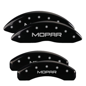 MGP 4 Caliper Covers Engraved F&R 11-18 Jeep Grand Cherokee Black Finish Silver Mopar Logo