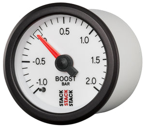 Autometer Stack 52mm -1 to +2 Bar T-Fitting 0.187in Barb (M) Mechanical Boost Pressure Gauge - White