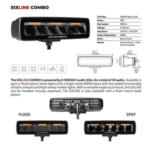 Go Rhino Xplor Blackout Combo Series Sixline LED Spot Lights w/Amber (Surface Mount) - Blk (Pair)