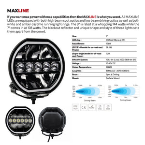 Go Rhino Xplor Blackout Series Maxline LED Hi/Low Beam w/Multi DRL (Surface Mount) 7in. - Blk