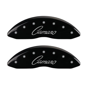 MGP 4 Caliper Covers Engraved Front & Rear Cursive/Camaro Black finish silver ch