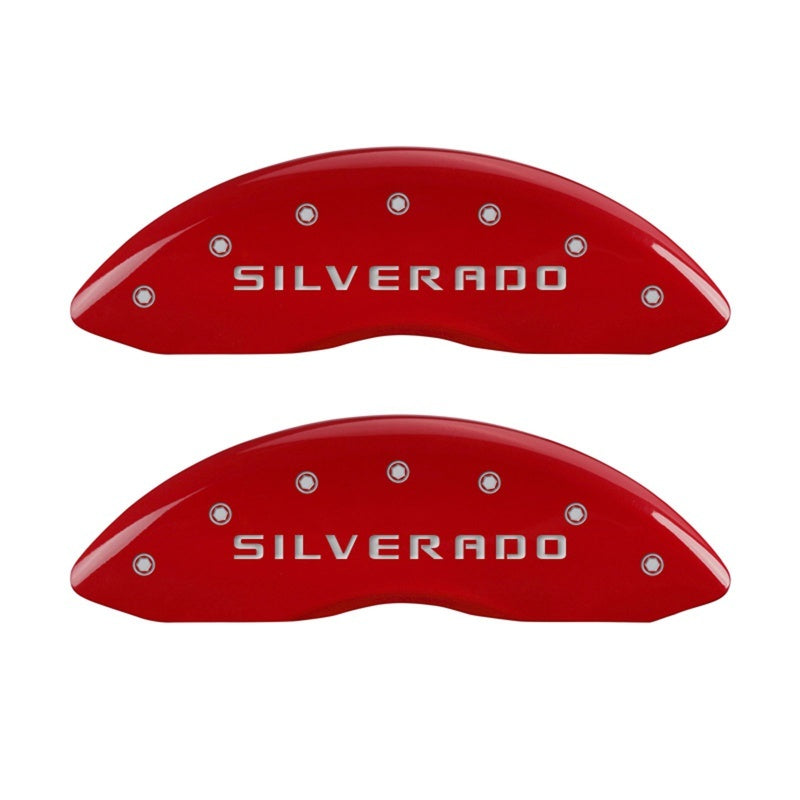 MGP Front set 2 Caliper Covers Engraved Front Silverado Red finish silver ch