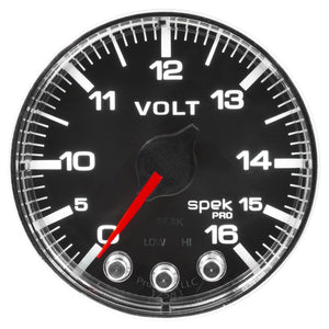 Autometer Spek-Pro Gauge Voltmeter 2 1/16in 16V Stepper Motor W/Peak & Warn Blk/Chrm