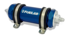 Fuelab 828 In-Line Fuel Filter Long -8AN In/Out 100 Micron Stainless - Blue