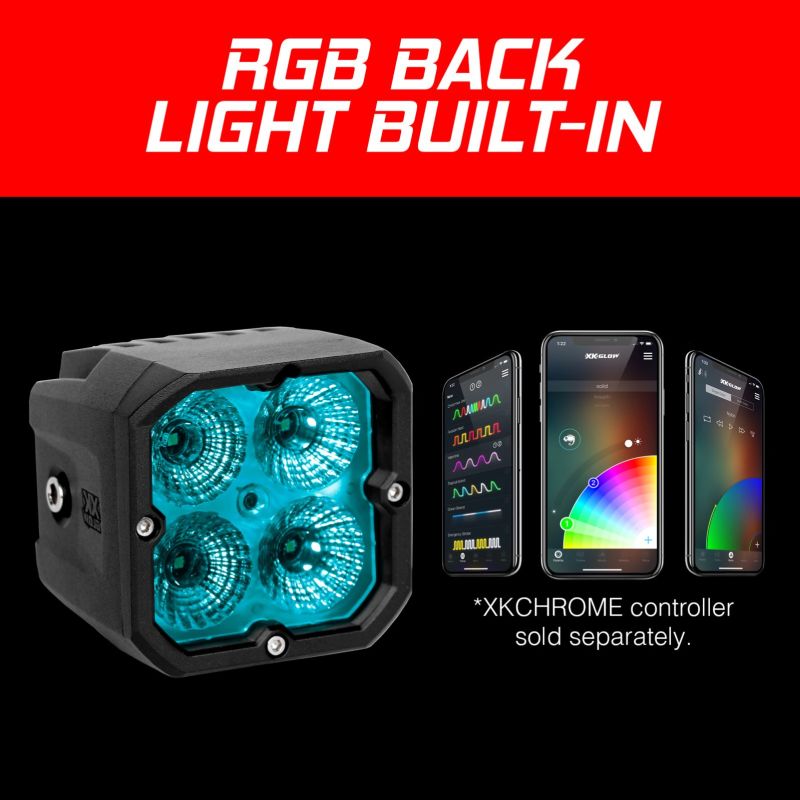 XK Glow XKchrome 20w LED Cube Light w/ RGB Accent Light Kit w/ Controller- Flood Beam 2pc