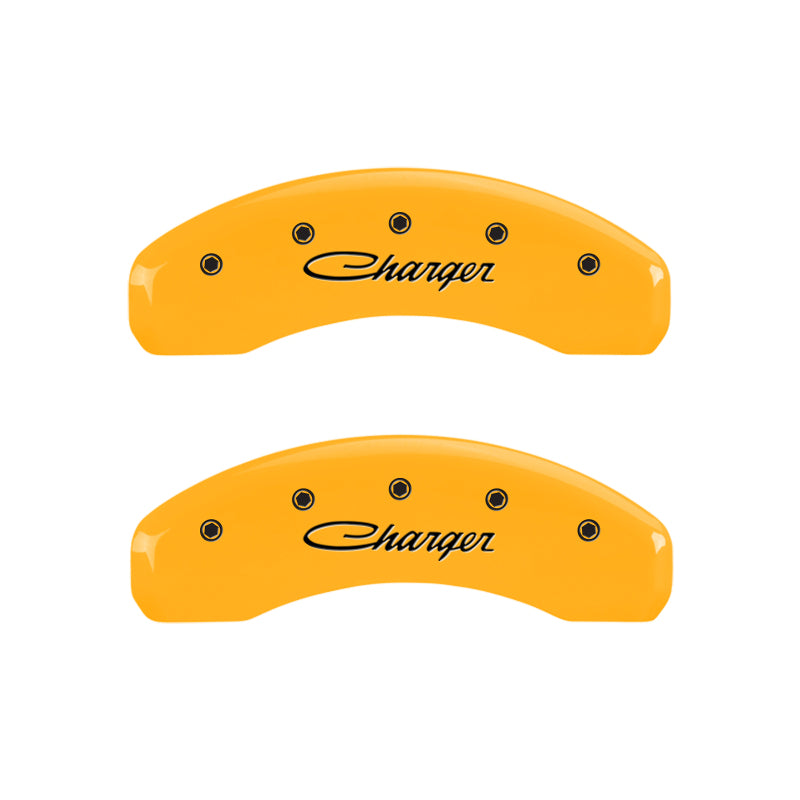 MGP 4 Caliper Covers Engraved Front & Rear Cursive/Charger Yellow finish black ch
