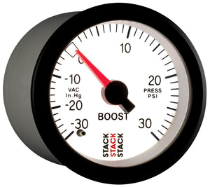 Autometer Stack 52mm -30INHG to +30 PSI (Incl T-Fitting) Mechanical Boost Pressure Gauge - White