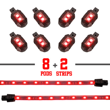 XK Glow Single Color XKGLOW LED Accent Light Motorcycle Kit Red - 8xPod + 2x8InStrips