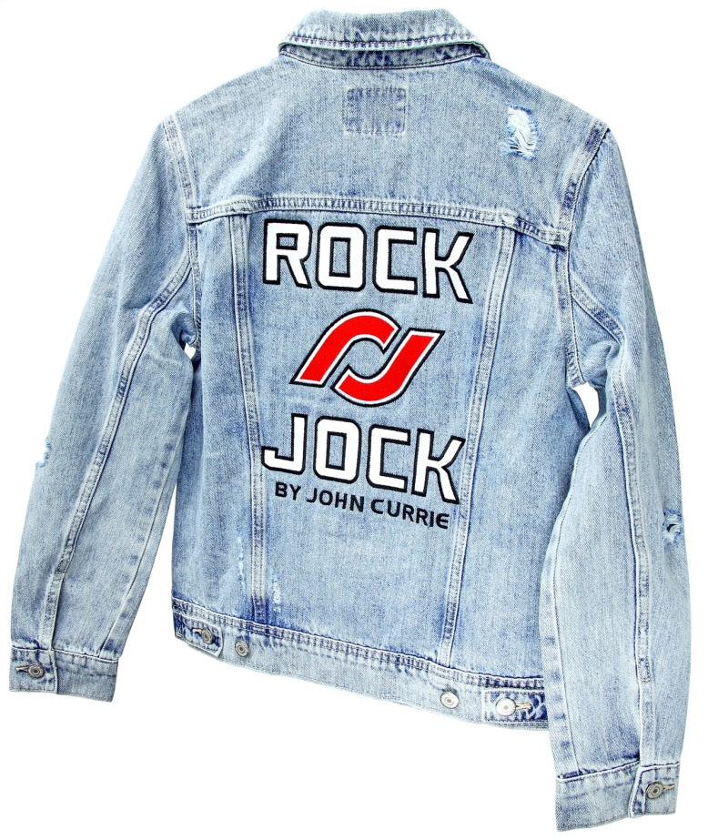 RockJock Jean Jacket w/ Embroidered Logos Front and Back Blue Womens Large