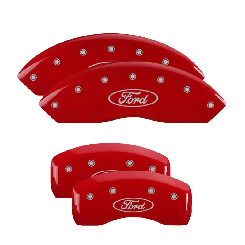 MGP 4 Caliper Covers Engraved Front & Rear Oval Logo/Ford Red Finish Silver Char 2018 Ford Fusion