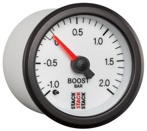 Autometer Stack 52mm -1 to +2 Bar T-Fitting 0.187in Barb (M) Mechanical Boost Pressure Gauge - White