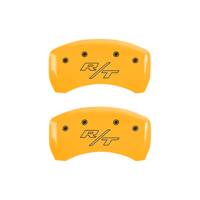 MGP 4 Caliper Covers Engrvd Front Block/Challenger Engrvd Rear Vintage Style/RT Yellow fnsh Blk ch