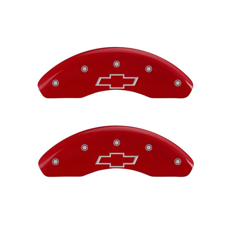 MGP 4 Caliper Covers Engraved Front & Rear Bowtie Red Finish Silver Char 2019 Chevrolet Bolt EV