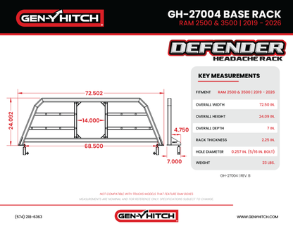 Gen-Y 19+ Dodge Ram 2500/3500 Defender Headache Rack Only - Black