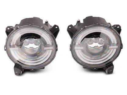 Raxiom 18-23 Jeep Wrangler JL Axial Series 9-In LED Angel Eye Headlights- Black Housing (Clear Lens)