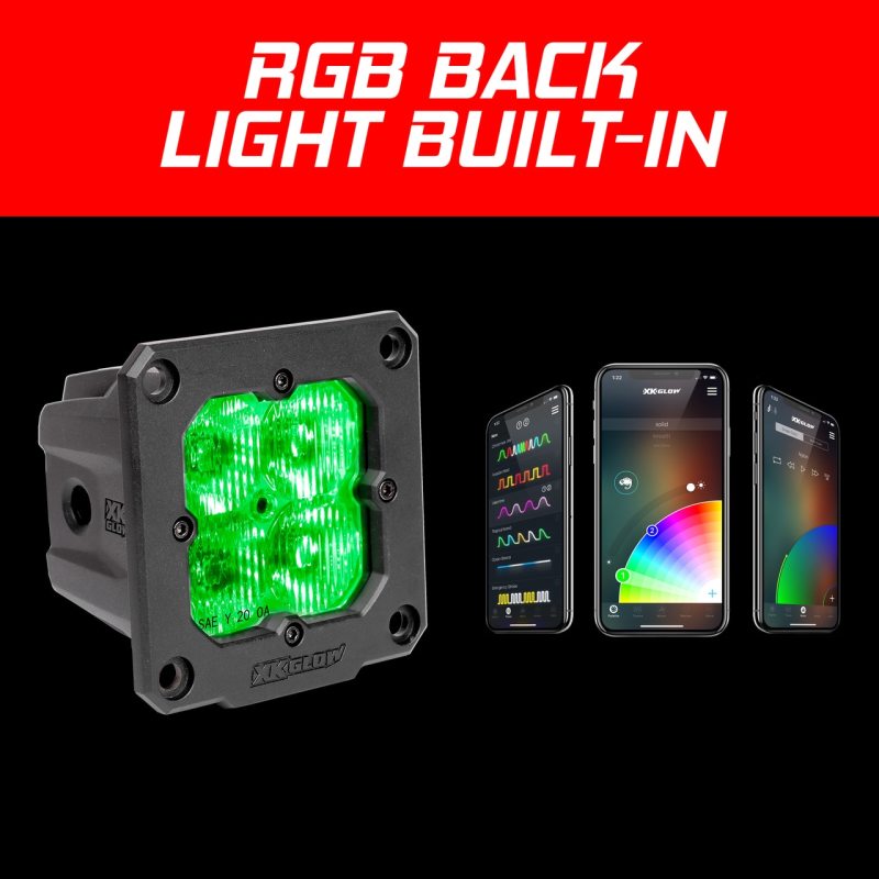 XK Glow Flush Mount XKchrome 20w LED Cube Light w/ RGB Accent Light Kit w/ Cntrlr- Driving Beam 2pc