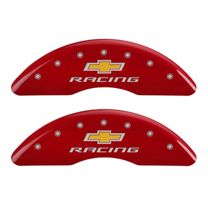 MGP 4 Caliper Covers Engraved Front & Rear Chevy Racing Red Finish Silver Char 2016 Chevrolet Camaro