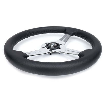 NRG Light Weight Gaming Steering Wheel - 350mm 3 Chrome Silver Spokes Perforated Leather