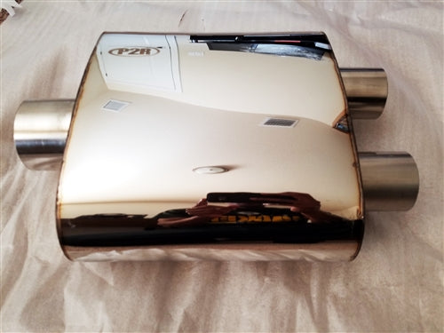 P2R PowerRevRacing - Universal Oval Muffler, 2.25" inlets x 3.0" outlet (Center In - Dual Out)