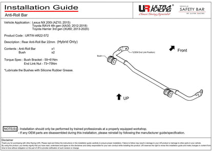 Ultra Racing - 22mm Rear Sway Bar - LEXUS NX (AZ10) 2015–2021 - UR-AR22-572
