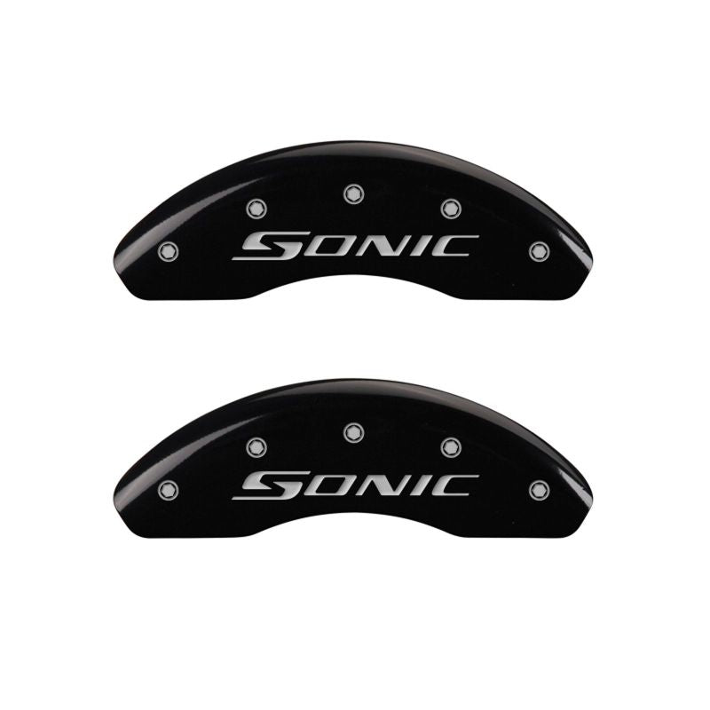 MGP 4 Caliper Covers Engraved Front & Rear Sonic Black finish silver ch