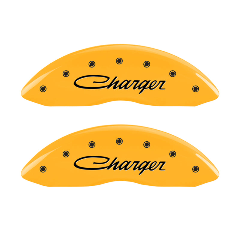 MGP 4 Caliper Covers Engraved Front & Rear 05-10 Dodge Charger R/T Yellow Finish Black Cursive Logo