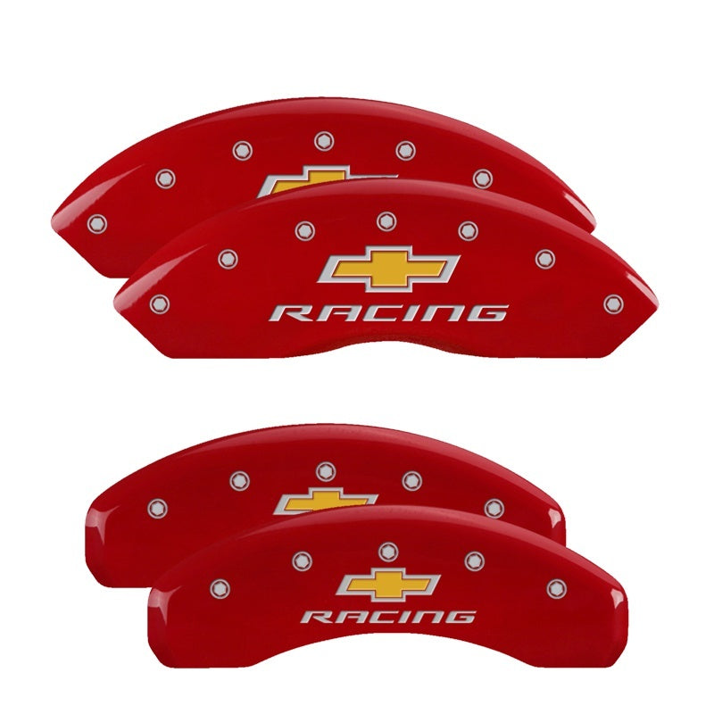 MGP 4 Caliper Covers Engraved Front & Rear Chevy Racing Red Finish Silver Char 2017 Chevrolet Camaro