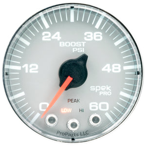 Autometer Spek-Pro Gauge Boost 2 1/16in 60psi Stepper Motor W/Peak & Warn Slvr/Chrm