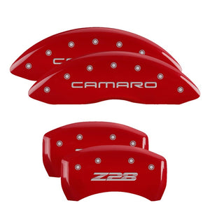 MGP 4 Caliper Covers Engraved Front Gen 4/Camaro Engraved Rear Gen 4/Z28 Red finish silver ch