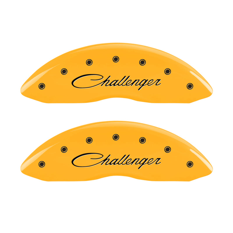 MGP 4 Caliper Covers Engraved Front Cursive/Challenger Engraved Rear RT Yellow finish black ch